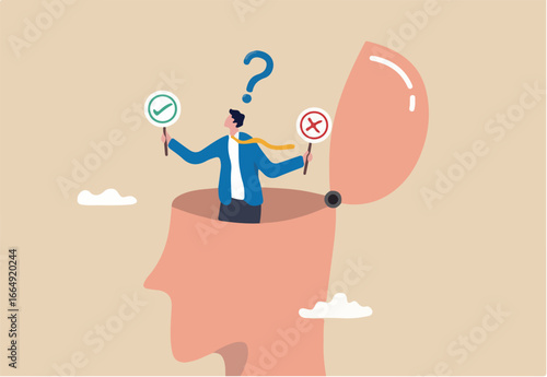 Decision making or logical thinking, choose right or wrong, correct or incorrect, solve problem, critical thinking, decide and dilemma concept, businessman in his head making decision right or wrong