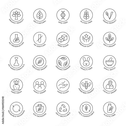 Circle Eco Certification Icons Set Organic Natural Vegan Sustainable Recyclable Packaging