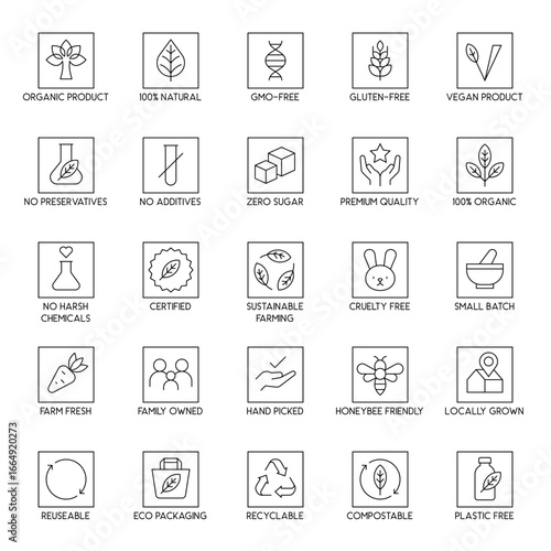 Eco Certification Badges Square Icons Organic Natural Vegan Sustainable Recyclable Packaging