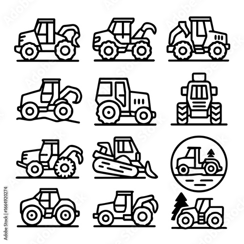 Collection of Black and White Line Art Agricultural Vehicles.