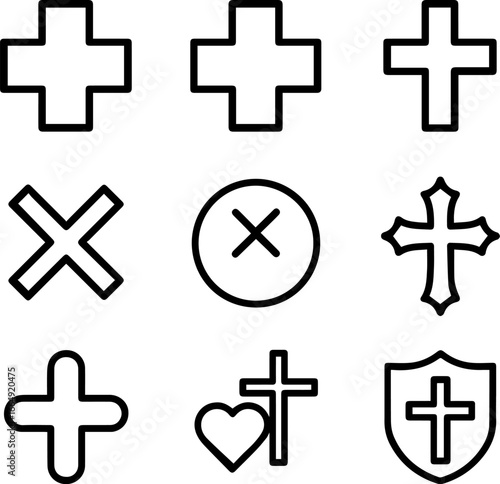 Collection of Black Outline Crosses and Symbols on a Transparent Backdrop.