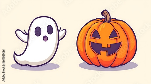 Obraz na płótnie Cartoon pumpkin with spooky expression and ghost