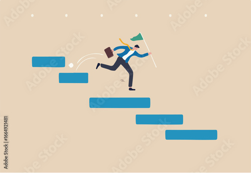Project management gantt chart to track complete tasks and workflow to launch within target timeline concept, businessman project manager with winning flag jump on project management diagram