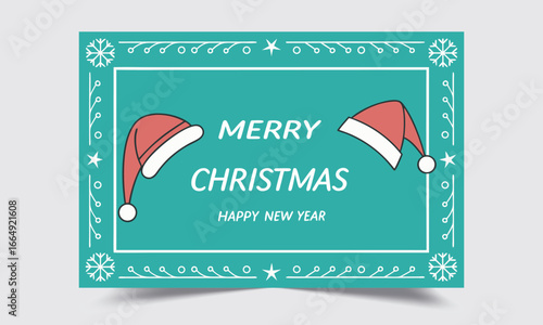 Merry Christmas and Happy New Year Greeting Card with Santa Hat Illustration, Snowflakes, and Decorative Winter Border on Teal Background for Holiday Celebration and Seasonal Wishes