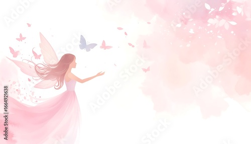 A gentle fairy figure with flowing pink gown and wings, surrounded by soft pink and white watercolor-style blooms and butterflies, embodies a serene and dreamy aesthetic.