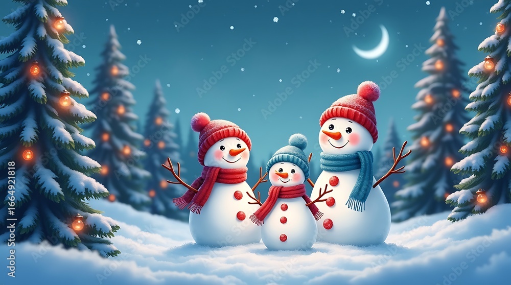 Fototapeta premium Cute snowman family in snowy forest with christmas lights