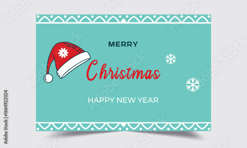 Merry Christmas and Happy New Year Greeting Card Design with Santa Hat Illustration, Snowflakes, and Decorative Festive Border on Blue Background for Holiday Celebration and Seasonal Wishes