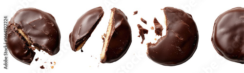 Broken round chocolate cookies with a creamy filling