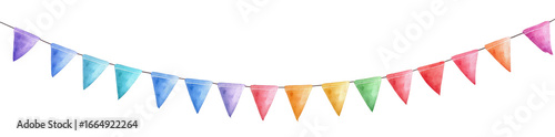 Colorful triangular pennants strung in a curved line