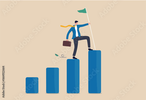Achievement or business success, reaching goal or target, challenge and career growth concept, success businessman climbing growth bar graph to the top to stab down winning flag.