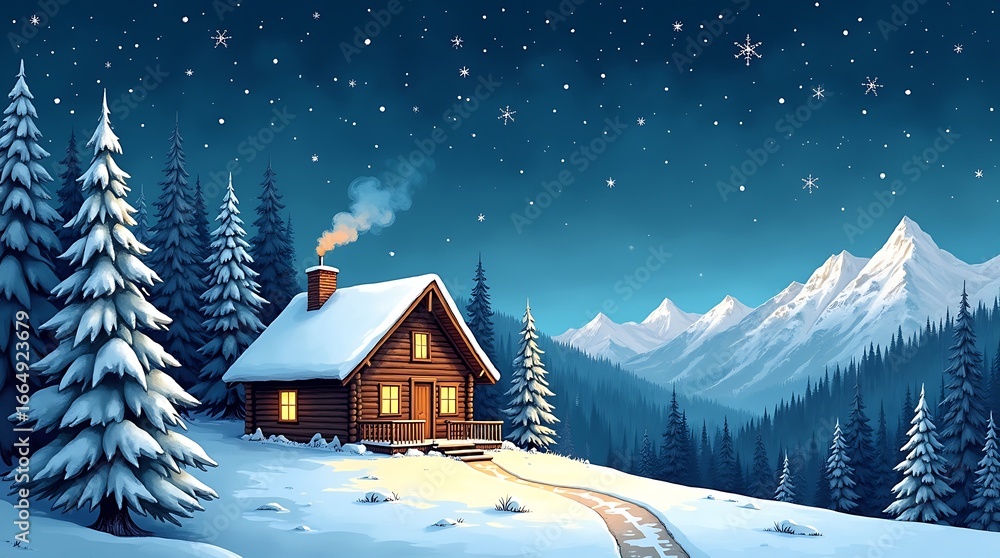Fototapeta premium Cozy snowy cabin in mountainous winter landscape with starry night sky