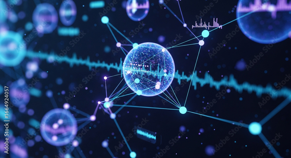 Fototapeta premium A futuristic network background featuring interconnected nodes, data streams, and digital elements, representing advanced technology and communication