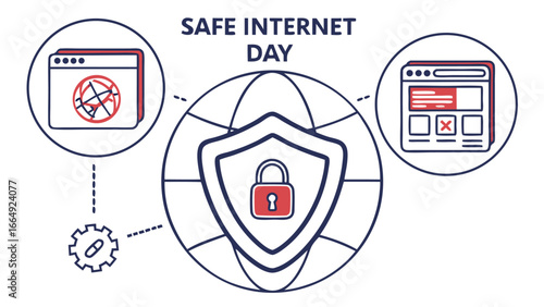 Safe Internet Day:  Global Cybersecurity, Online Protection,  Data Security,  Website Safety,  Privacy Shield,  Secure Browsing,  Digital Risk Management,  Line Art Illustration.