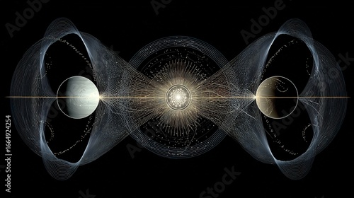 Celestial bodies linked by harmonic resonance lines, dancing in space with a fading phantom planet.