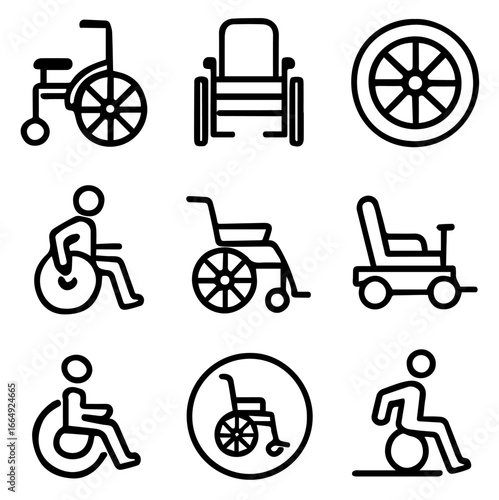 Collection of Wheelchair Icons Depicting Mobility and Accessibility for People with Disabilities.