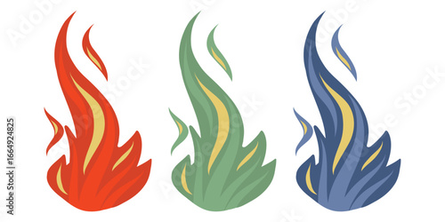 Decorative flame icons set, Stylized fire element vector collection, Colorful flame motif illustration pack