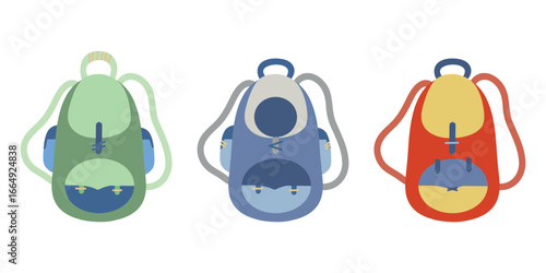 Backpack vector collection, Colorful backpack icons, Backpack set for children and travel