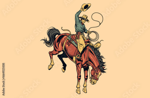 Wild West Rodeo Cowboy Illustration. Frontier Cowboy Spirit. Retro Western Rodeo Rider. A vintage illustration of rodeo cowboy. Cowboy action on bronco. Bronco Buster Rodeo Cowboy Action Sketch.