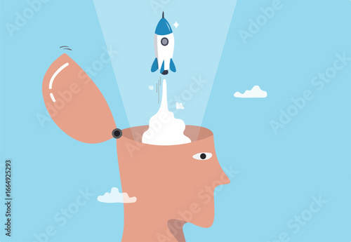 Open minded, innovation or improvement with knowledge or wisdom, learning or thinking enlightenment, start, begin project, discover or release project concept, human head open mind and launch rocket. 