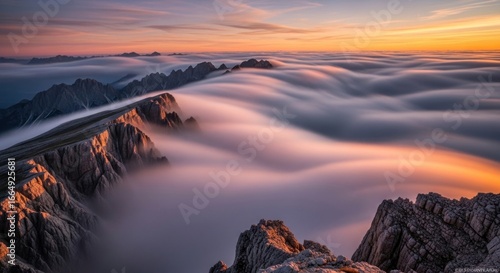 A River of Clouds Flows Through Jagged Mountain Peaks at Ethereal Sunrise