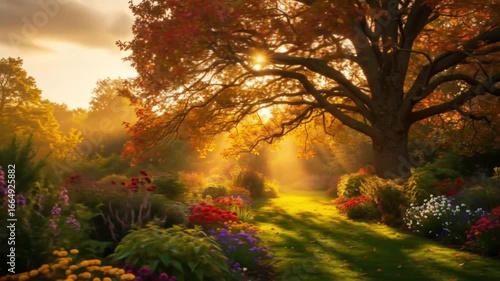 A vibrant autumn garden with sunlight streaming through trees and colorful flowers in full bloom view