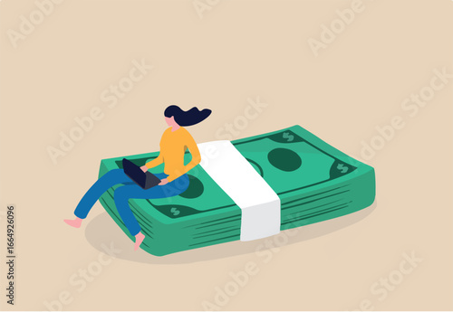 Online business making money, salary or multi income stream, side hustle or side gig earning, investment return concept, young woman working with computer laptop sitting on heap of dollar banknotes.