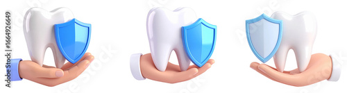 Hand holding tooth with blue shield dental protection oral care healthy tooth 3D illustration transparency background clean safety medical prevention