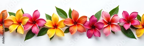 Vibrant flower lei in bright colors against white backdrop. Festive garland of frangipani flowers with leaves, tropical vibes for summer party. Hawaiian culture, vacation.