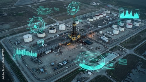 Aerial view of an industrial oil field with storage tanks and digital overlays for data visualization