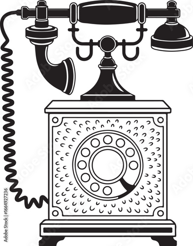 A stylized black and white illustration of an antique rotary telephone, featuring an ornate and elegant vintage design.