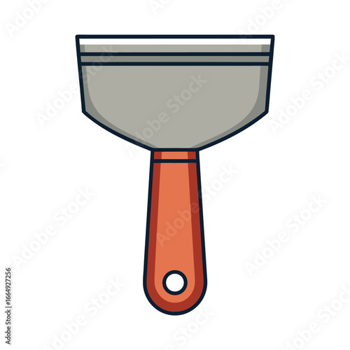 Orange handled putty knife tool with grey blade on white background spreader scraper