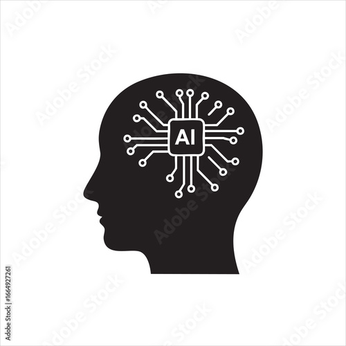 Minimalist flat icon of human head silhouette with AI microchip inside the brain, circuit lines branching outward, futuristic technology symbol
