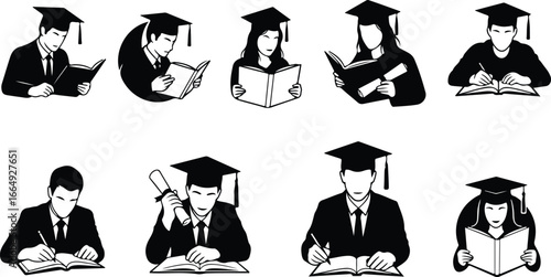 Eight black and white silhouette icons of graduates reading books and holding diplomas graduation student