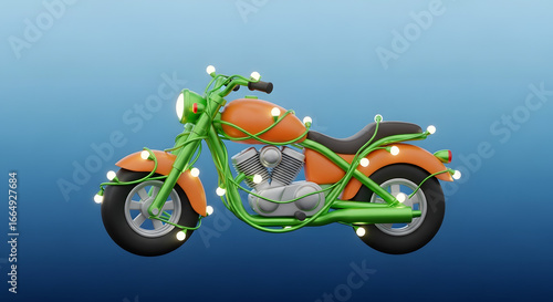 Cartoon-style motorcycle decorated with glowing fairy lights against a gradient blue backdrop, creating a festive and whimsical atmosphere showcasing the fun of the holidays and motorized