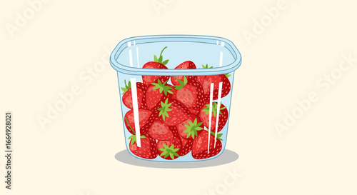 Fresh ripe strawberries packed in a transparent plastic container for healthy eating and sweet desserts