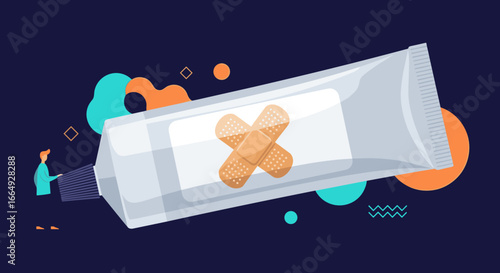 Person applying antibiotic ointment to skin injury with adhesive bandages on tube in abstract design background