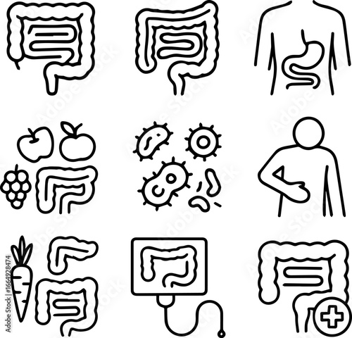Illustrated Digestive System Icons Depicting Health Food and Medical Concepts.