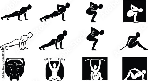 Silhouette figures performing various exercises and yoga poses fitness workout