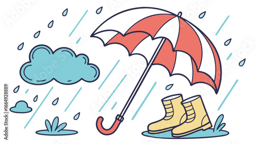 Cheerful cartoon illustration of rain, umbrella, and rain boots; whimsical, lighthearted style; perfect for children's books, websites, or blogs needing a happy, rainy day theme.