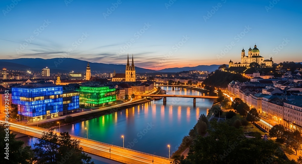 Fototapeta premium Scenic Cityscape at Dusk with River and Buildings.