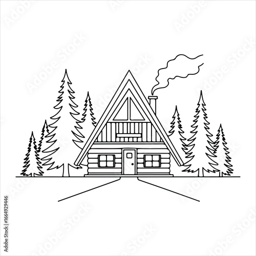 Black and white outline drawing of a log cabin with snow covered pine trees and smoke coming from chimney