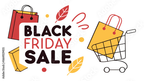 Black Friday Sale:  Shopping Cart with Colorful Bags, Autumn Leaves, Bold Typography, Flat Design Style, Festive and Cheerful Mood, Retail Promotion Graphic.