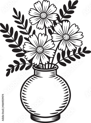 A stylized black and white illustration of a vase filled with a beautiful bouquet of flowers and leaves.