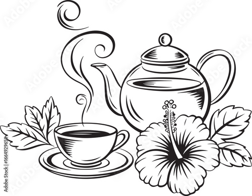 A stylized black and white illustration of a teapot and teacup with a hibiscus flower and leaves.


