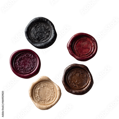 Six circular wax seals in various shades of rich color