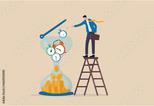 Time is money, long term investment return, retirement pension fund concept, smart businessman investor putting time pieces, clock, alarm clock and timer into sandglass falling to money profit return.