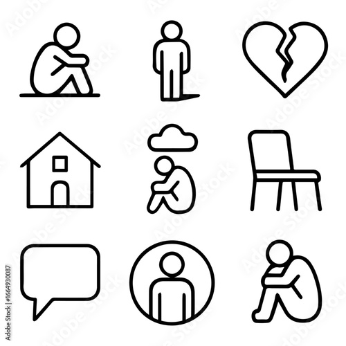 Mental health icons depicting depression isolation broken heart and communication.