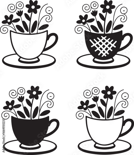 A collection of four stylized teacups, each overflowing with a charming arrangement of flowers in a black and white design.