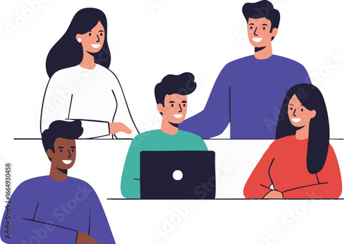 A diverse group of young professionals actively collaborates in a modern office setting, fostering teamwork and innovation with digital tools.