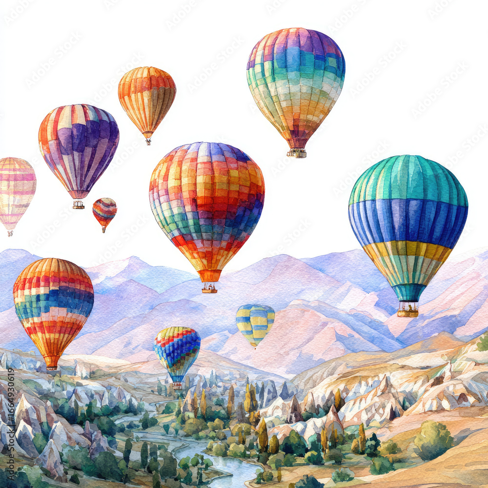Obraz premium Colorful hot air balloons float over scenic mountain valley bright